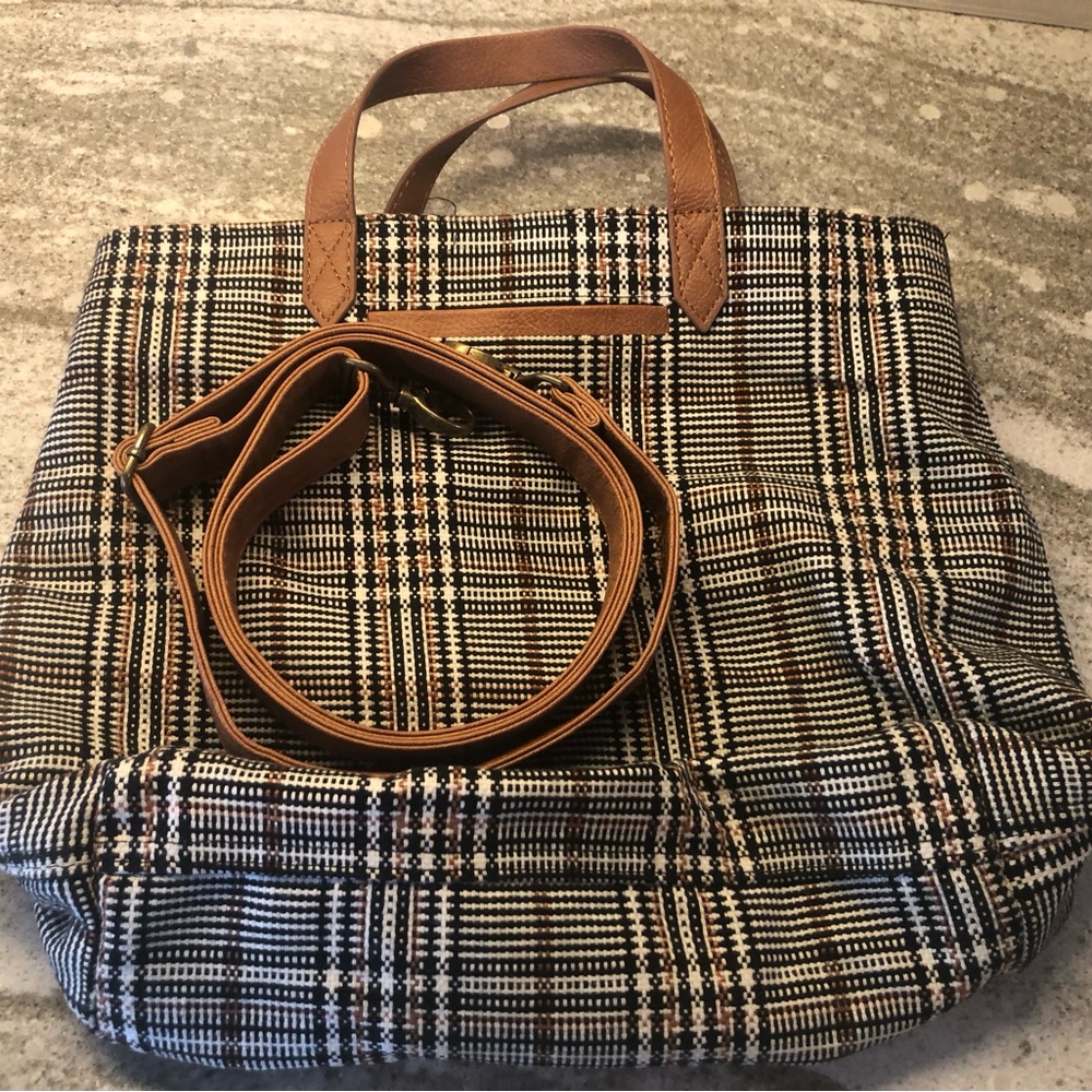 Plaid Tote Bag with Tan Straps
